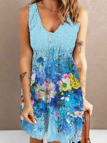 Women's Floral Printed Sleeveless Blue Midi Dress