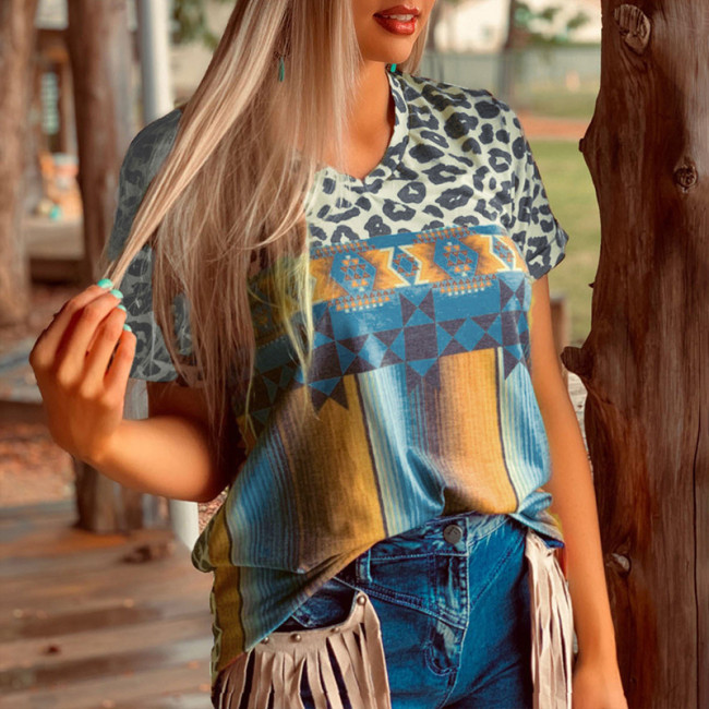 Women's Loose Leopard Print Aztec Ethnic Style Short Sleeve T-Shirt Top