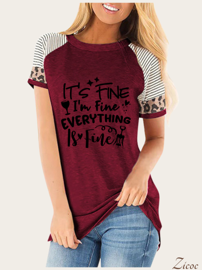 It' Fine,I'am Fine Everything is Fine For Sassy Women Cheetah Shirts Short Sleeve With Leopard Print Tee Shirt