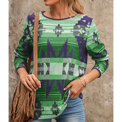 Women's Aztec Enthic Geometric Colorful Printed Long Sleeve T-Shirt Top