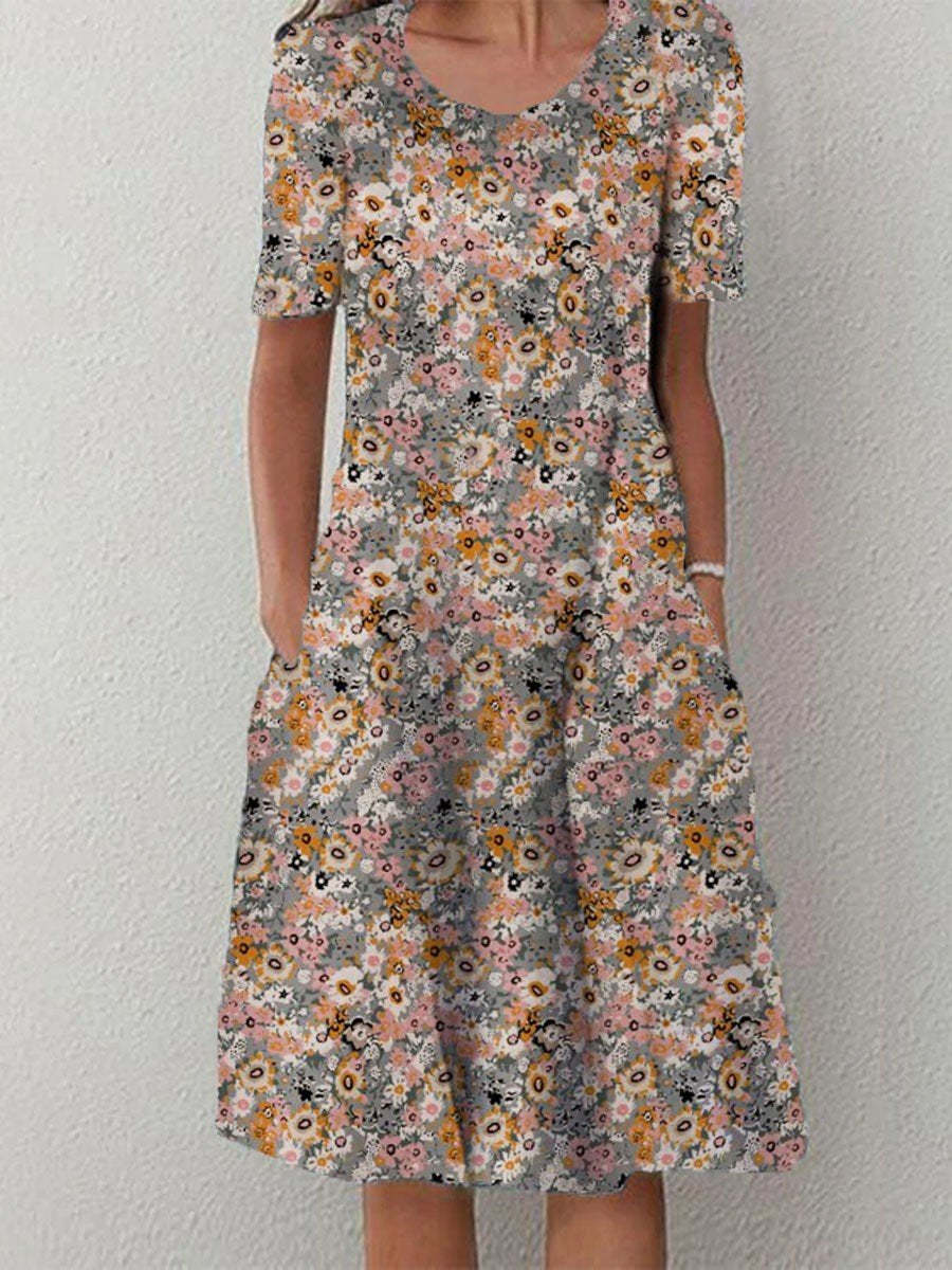 US$ 24.49 - Women's Floral Printed Short Sleeve Crew Neck Midi Dress ...