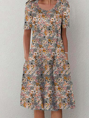 Women's Floral Printed Short Sleeve Crew Neck Midi Dress