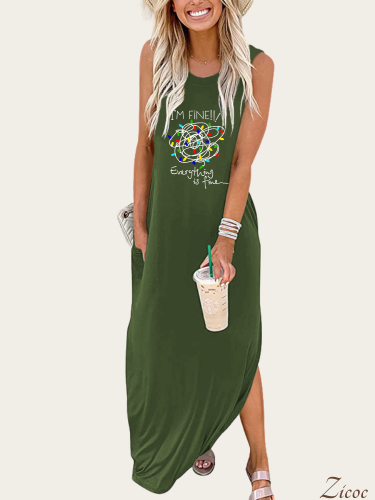 It' Fine,I'am Fine Everything is Fine Women's Causal Loose Long Dress With Side Packet