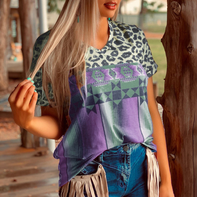 Women's Loose Leopard Print Aztec Ethnic Style Short Sleeve T-Shirt Top