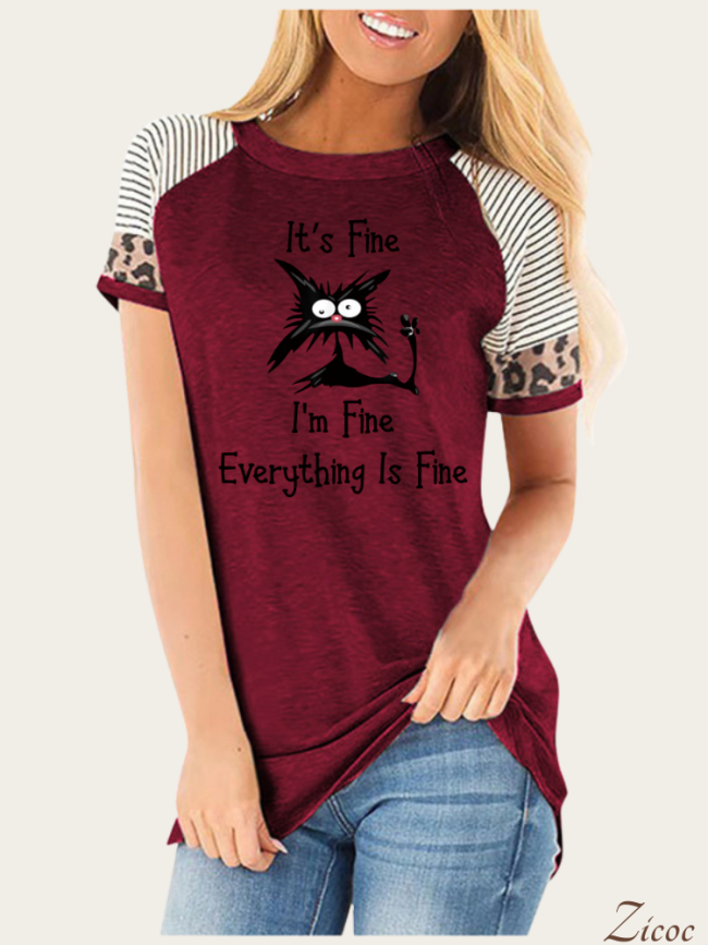 It' Fine,I'am Fine Everything is Fine For Sassy Women Cheetah Shirts Short Sleeve With Leopard Print Tee Shirt