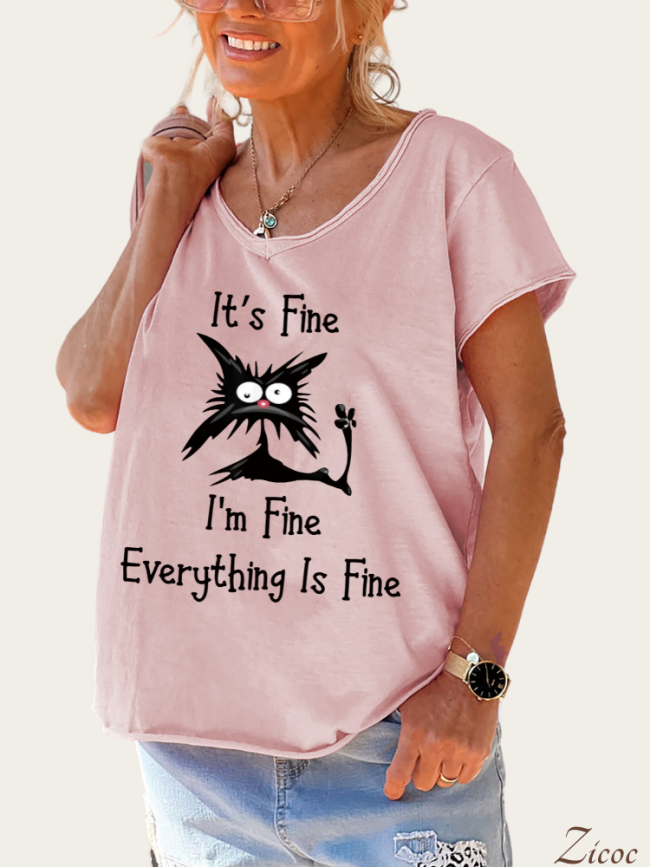 It' Fine,I'am Fine Everything is Fine Women's Causal Loose Short Sleeve Top Spring Plus Size Shirt