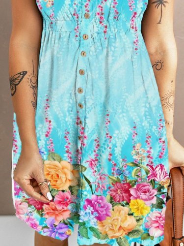Women's Sleeveless Floral Short Midi Blue Casual Dress
