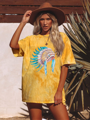Aztec Indian Feather Boutique Oversized Boyfriend Tie Dye Tee Couture Fashion