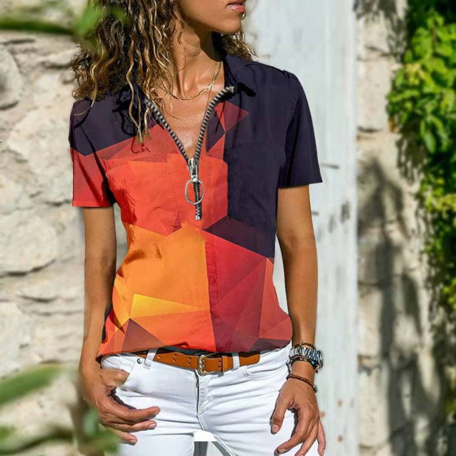 Women Western Bohemian Style Lapel Zipper Colorful T-Shirt Tops