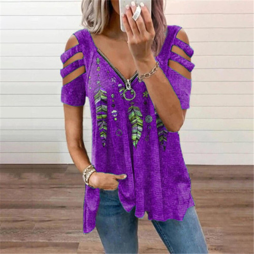 Women's Zipper V-Neck Colorful Floral Printed Casual Daily T-Shirt Top