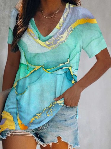 Women's Marble Gradient Art Abstract Print V-Neck T-Shirt Top
