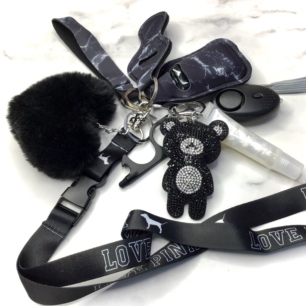 Self Defense Keychain Safety Protection Key Chain Teddy Bear Lanyard Alarm Puff Ball Wholesale Vendor Lip Gloss For Women Girls