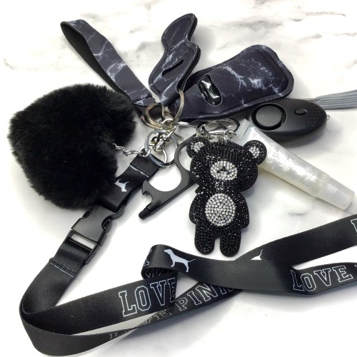 Self Defense Keychain Safety Protection Key Chain Teddy Bear Lanyard Alarm Puff Ball Wholesale Vendor Lip Gloss For Women Girls