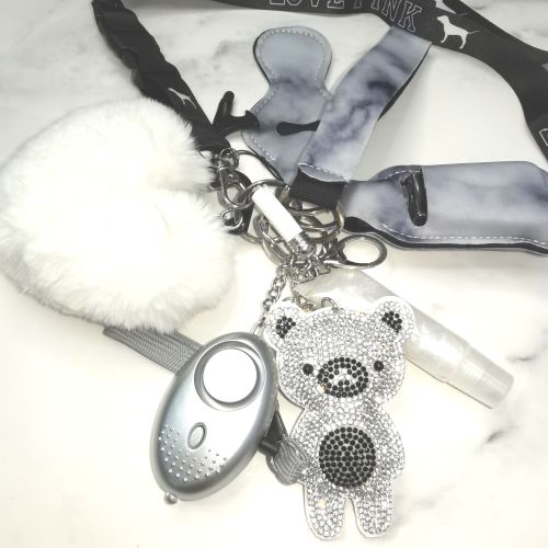 Self Defense Keychain Safety Protection Key Chain Teddy Bear Lanyard Alarm Puff Ball Wholesale Vendor Lip Gloss For Women Girls