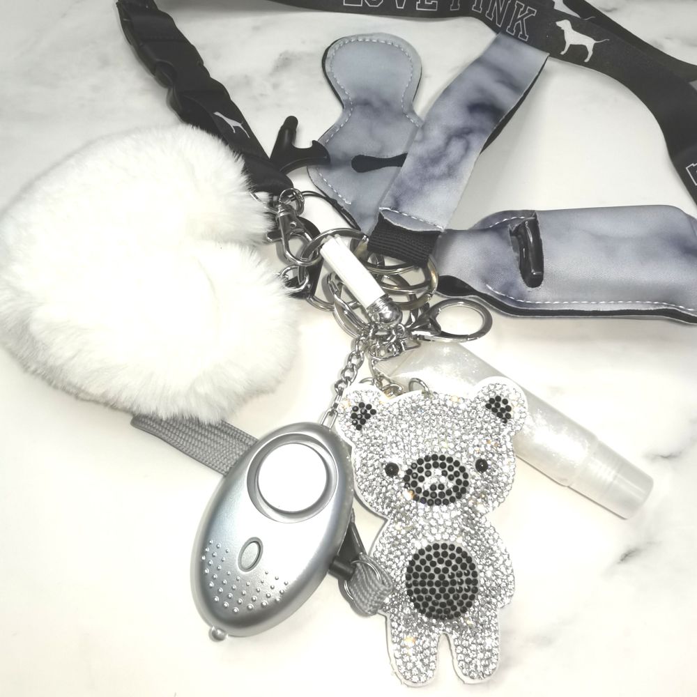 Self Defense Keychain Safety Protection Key Chain Teddy Bear Lanyard Alarm Puff Ball Wholesale Vendor Lip Gloss For Women Girls