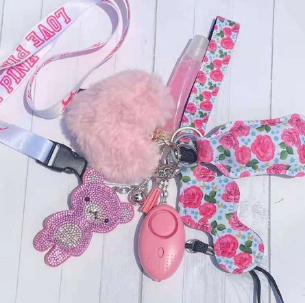 Self Defense Keychain Safety Protection Key Chain Teddy Bear Lanyard Alarm Puff Ball Wholesale Vendor Lip Gloss For Women Girls
