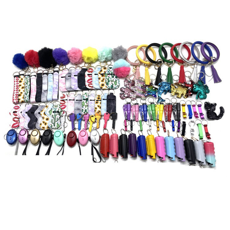 Self Defense Keychain Safety Protection Key Chain Teddy Bear Lanyard Alarm Puff Ball Wholesale Vendor Lip Gloss For Women Girls