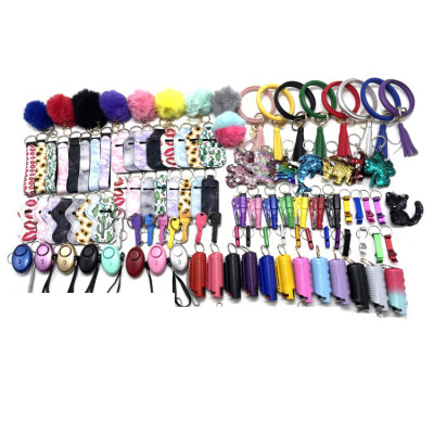 Self Defense Keychain Safety Protection Key Chain Teddy Bear Lanyard Alarm Puff Ball Wholesale Vendor Lip Gloss For Women Girls