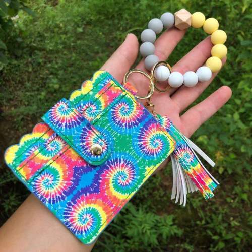 Leather Keychain Tassel Bangle Wristlet Luxury Silicone Wooden Beaded ID Credit Cards Key Ring Key Chain Accessories for Woman