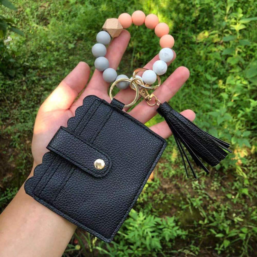 Leather Keychain Tassel Bangle Wristlet Luxury Silicone Wooden Beaded ID Credit Cards Key Ring Key Chain Accessories for Woman