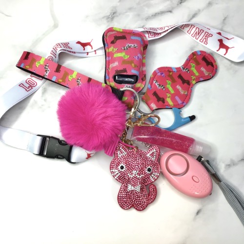 Self Defense Keychain Safety Protection Key Chain Teddy Bear Lanyard Alarm Puff Ball Wholesale Vendor Lip Gloss For Women Girls