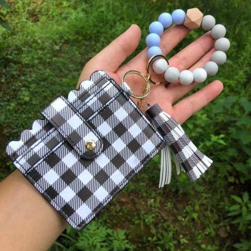 Leather Keychain Tassel Bangle Wristlet Luxury Silicone Wooden Beaded ID Credit Cards Key Ring Key Chain Accessories for Woman