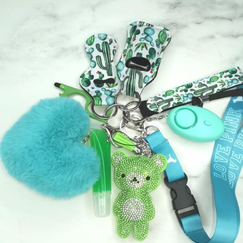 Self Defense Keychain Safety Protection Key Chain Teddy Bear Lanyard Alarm Puff Ball Wholesale Vendor Lip Gloss For Women Girls