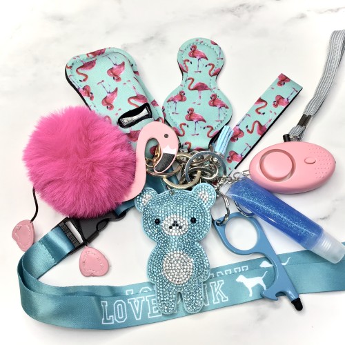 Self Defense Keychain Safety Protection Key Chain Teddy Bear Lanyard Alarm Puff Ball Wholesale Vendor Lip Gloss For Women Girls