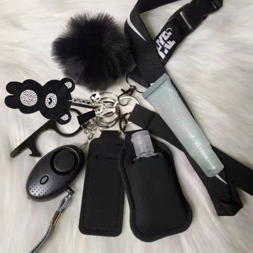 Self Defense Keychain Safety Protection Key Chain Teddy Bear Lanyard Alarm Puff Ball Wholesale Vendor Lip Gloss For Women Girls