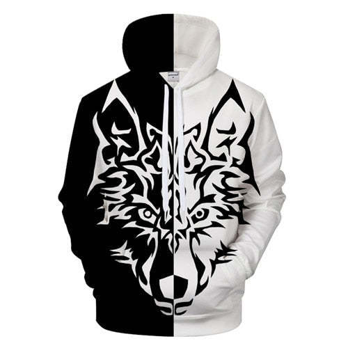 3D Black And White Wolf Printed Hoodie