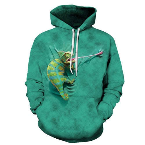 3D Green Chameleon Printed Hoodie