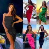 Chain Sling Drawstring Satin Dress