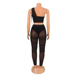Sexy Mesh Perspective irregular Top Two piece Set