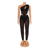 Sexy Mesh Perspective irregular Top Two piece Set