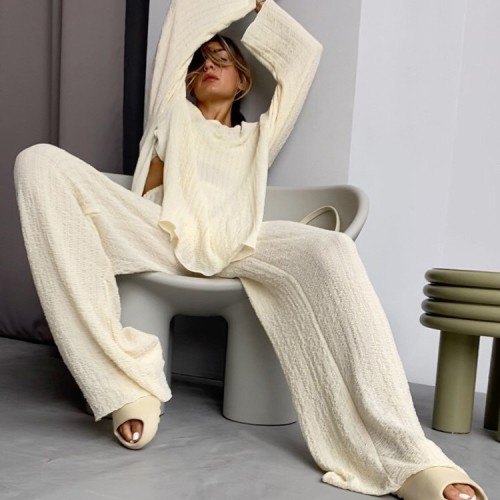 Long Sleeved Round Neck Loose Crepe Casual Suit