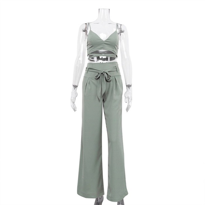 Sexy Lace UP Suspender Top and Casual High Waist Wide Leg Pants Suits