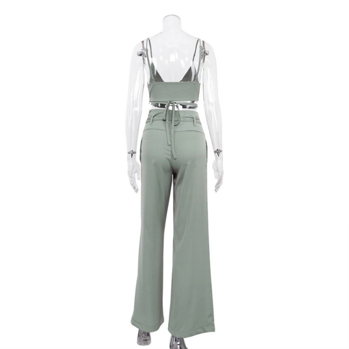 Sexy Lace UP Suspender Top and Casual High Waist Wide Leg Pants Suits