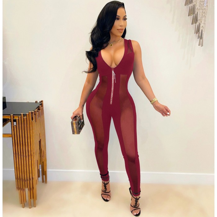 Solid Color Mesh Sitching Sexy Deep V  Perspective Damond Zipper Sleeveless Jumpsuit