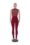 Solid Color Mesh Sitching Sexy Deep V  Perspective Damond Zipper Sleeveless Jumpsuit