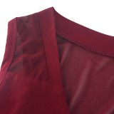 Solid Color Mesh Sitching Sexy Deep V  Perspective Damond Zipper Sleeveless Jumpsuit