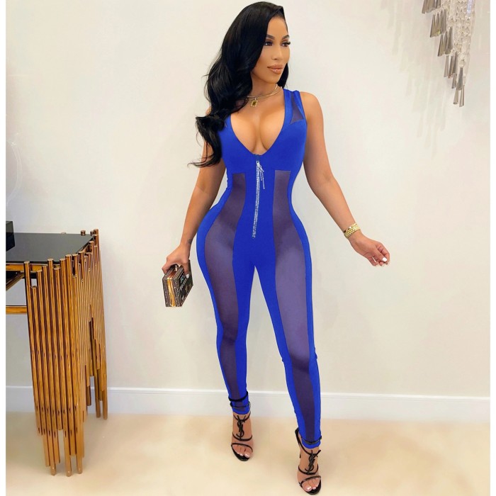Solid Color Mesh Sitching Sexy Deep V  Perspective Damond Zipper Sleeveless Jumpsuit