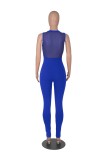 Solid Color Mesh Sitching Sexy Deep V  Perspective Damond Zipper Sleeveless Jumpsuit