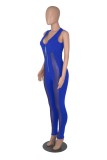 Solid Color Mesh Sitching Sexy Deep V  Perspective Damond Zipper Sleeveless Jumpsuit