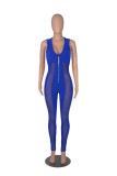 Solid Color Mesh Sitching Sexy Deep V  Perspective Damond Zipper Sleeveless Jumpsuit