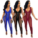 Solid Color Mesh Sitching Sexy Deep V  Perspective Damond Zipper Sleeveless Jumpsuit