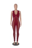 Solid Color Mesh Sitching Sexy Deep V  Perspective Damond Zipper Sleeveless Jumpsuit
