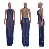 Women's sexy Solid Color Woolen Knitted Crochet Beach Dress