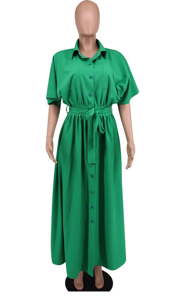 Green Casual Waist Closing Loose Shirt Dress