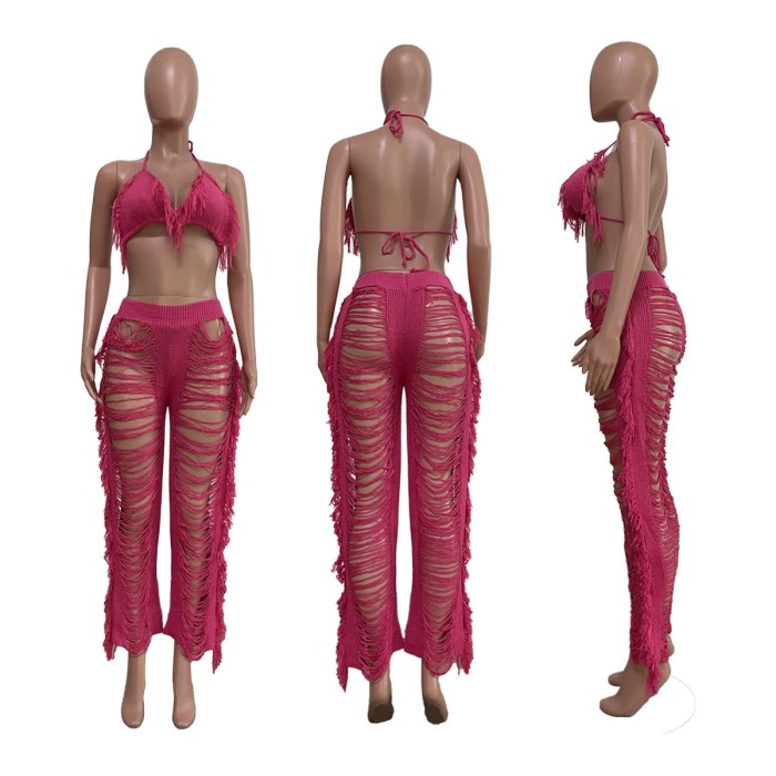 Solid Bikini Tassel Knit Beach Pants Set