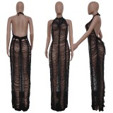Women's sexy Solid Color Woolen Knitted Crochet Beach Dress